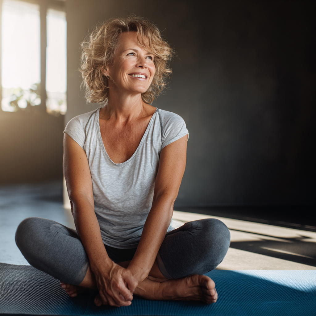 Középkorú magyar női jóga oktató mosolyogva vezet egy relaxációs gyakorlatot természetes napfényben, fehér jóga ruhában, békés arckifejezéssel